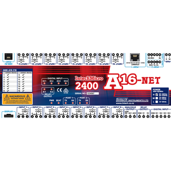 Universal Analog Input Intech 2400-A16-I16-NET Terminal Layout